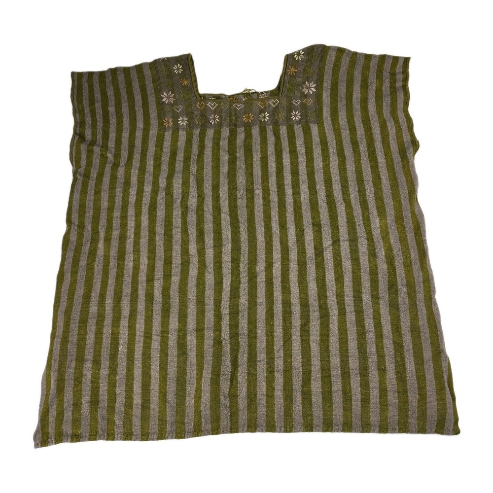 Vintage Guatemalan Huipil Top Mayan Hand Woven Striped Embroidered Tunic Green